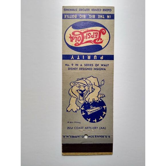 Pepsi Cola Matchbook Cover Walt Disney 1940's No 9 Lion Tiger Coast Artillery - Picture 1 of 2